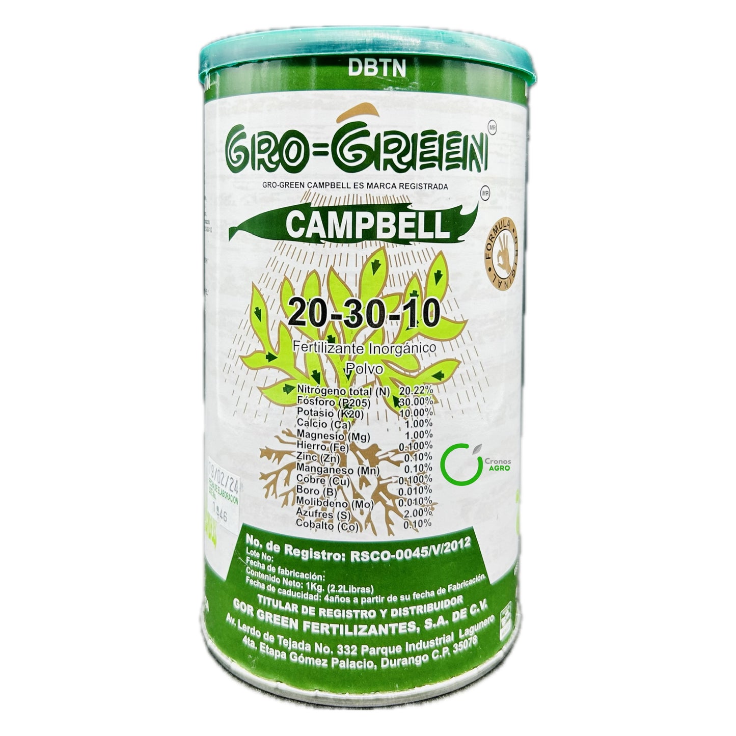 Gro-Green Campbell 20-30-10 Fertilizante Foliar Concentrado 1 Kilogramo